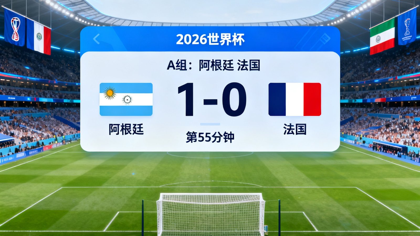 2026世界杯即时比分实时更新界面，包含球场、比分弹窗和球队旗帜
