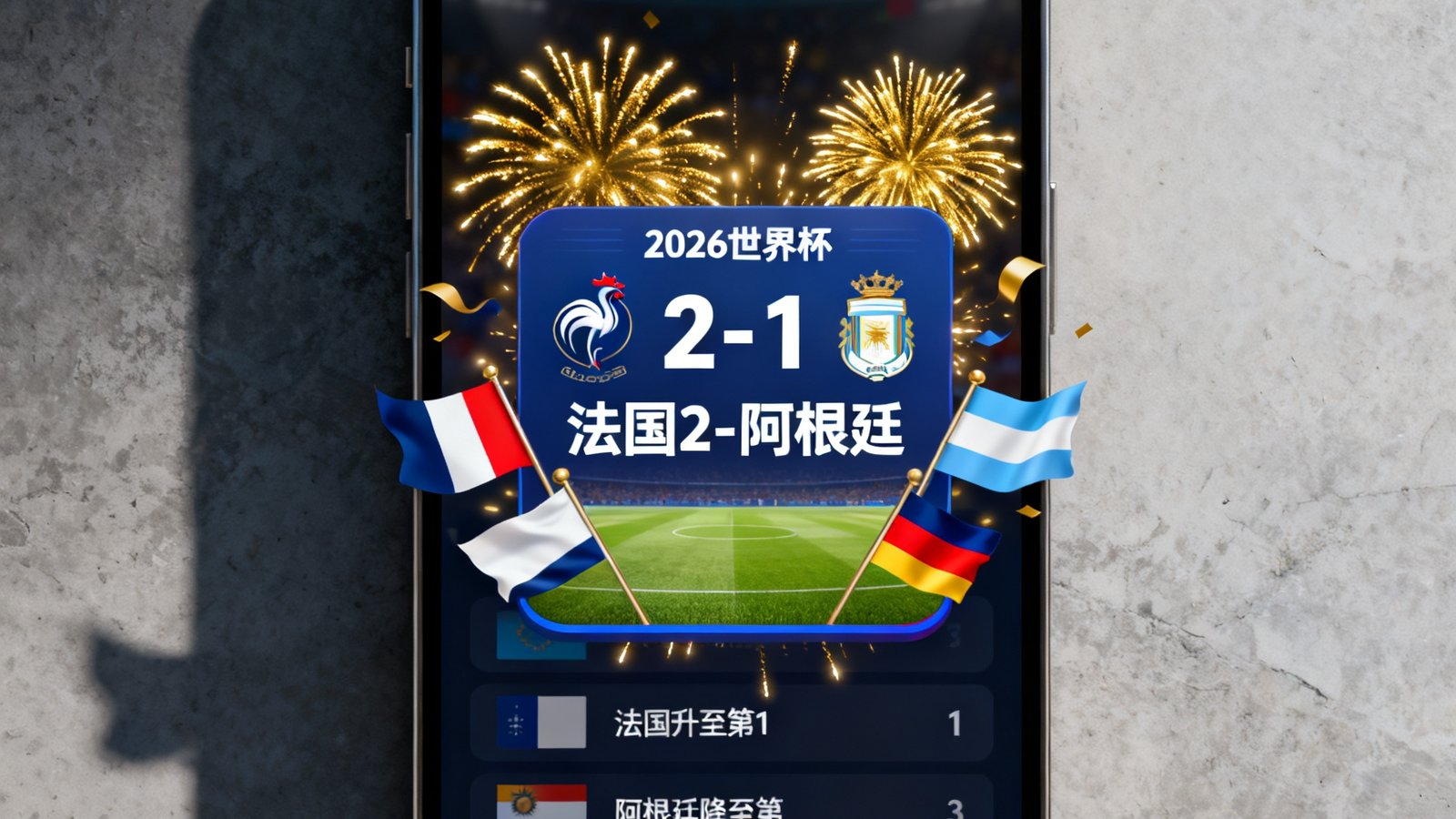手机界面显示2026世界杯实时比分弹窗，进球后弹出庆祝动画和球队排名变化